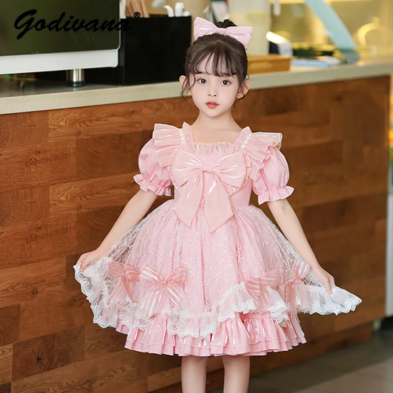 Baby Girls High End Luxury Lolita Princess Dress Kids Summer New Fashion Sequin Bow Ruffle Trim Puff Sleeve Birthday Party Gown