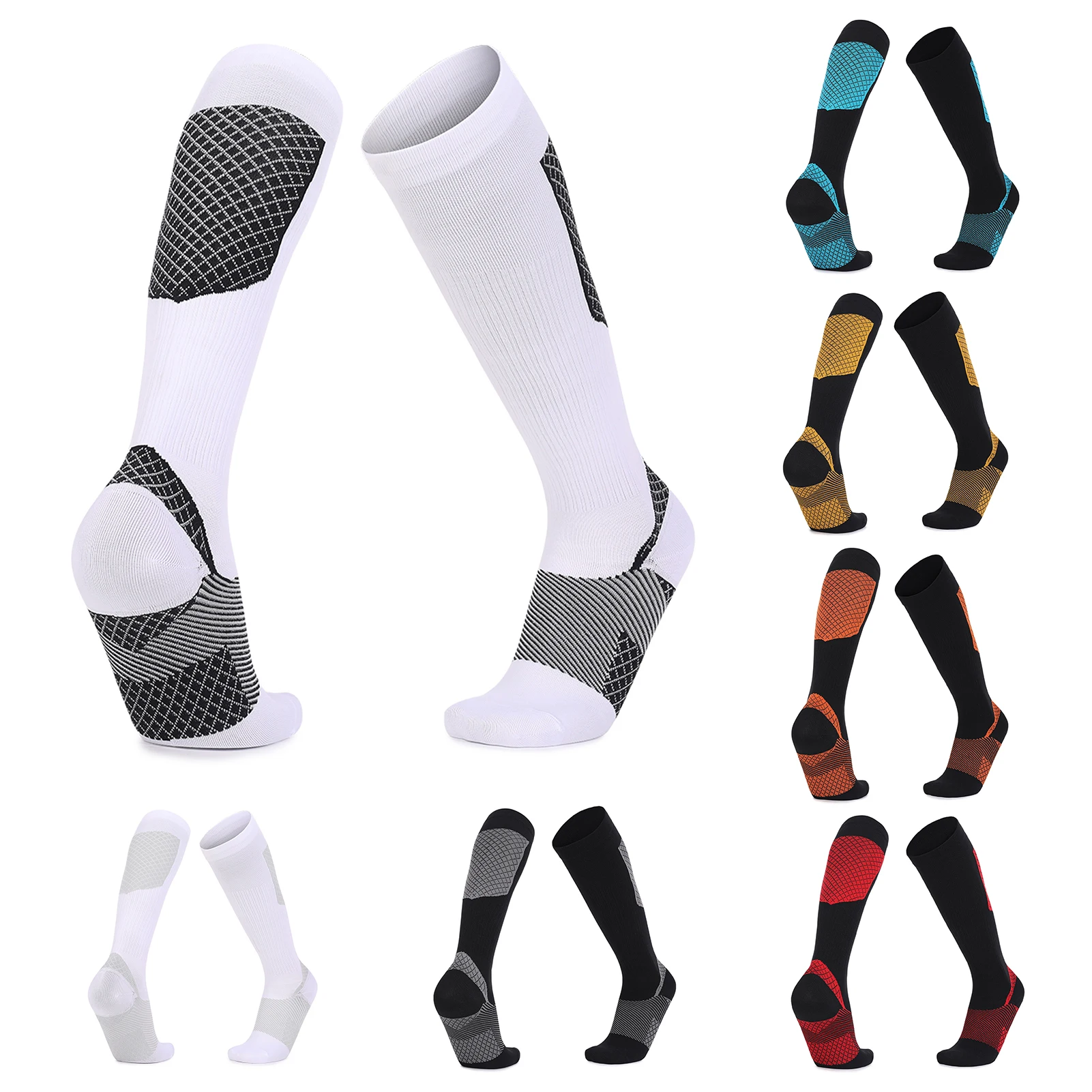 جوارب رياضية فوق الساق للجري وكرة القدم وركوب الدراجات والمشي لمسافات طويلة، أصفر برتقالي أحمر أزرق رمادي داكن أبيض