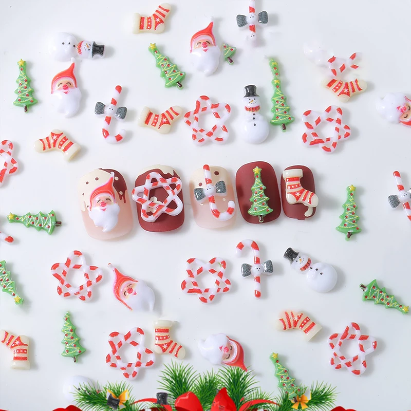 10 pçs resina de natal acessórios para unhas 3d dos desenhos animados papai noel cana meias boneco de neve design da arte do prego acessórios decoração