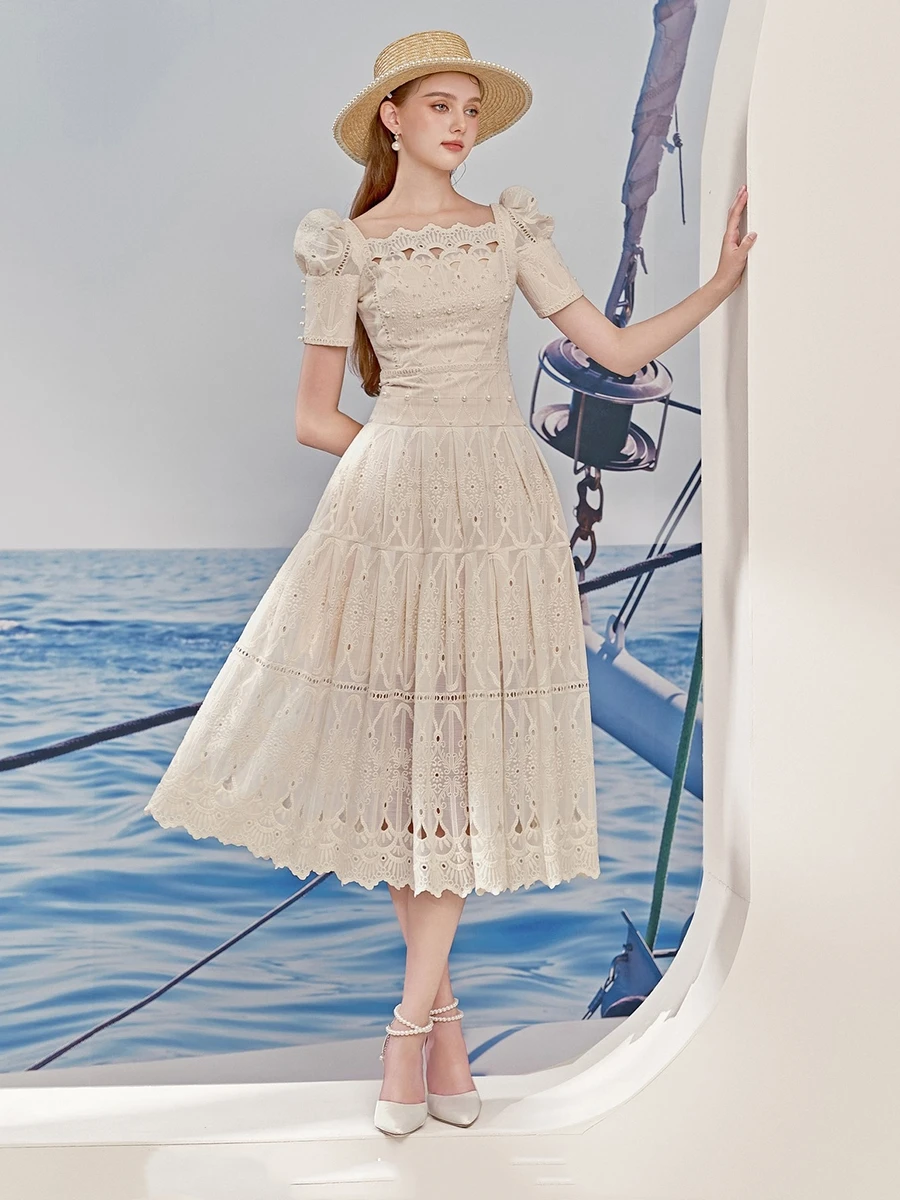 

Ele Vintage Princ Sle Bubble Sve Dr Женская мода Dr Хлопок с высокой талией Повседневная одежда Длинная одежда с цветочным узором ...