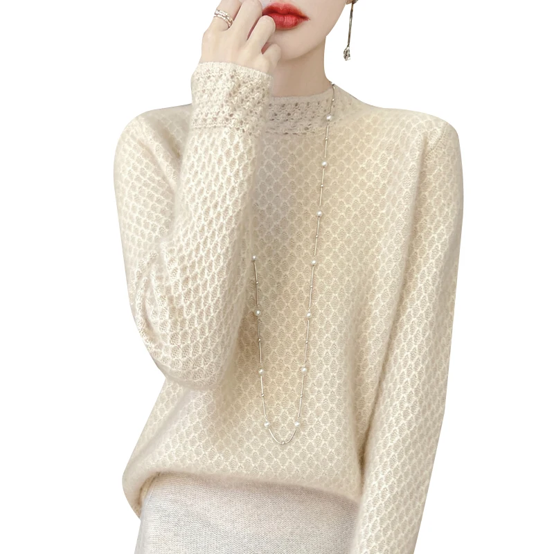 Women's Wool Sweater Pullover Half- High Neck Casual Knit Tops Autumn Winter Thick Jacket Warm Honeycomb Pattern Pullover Top