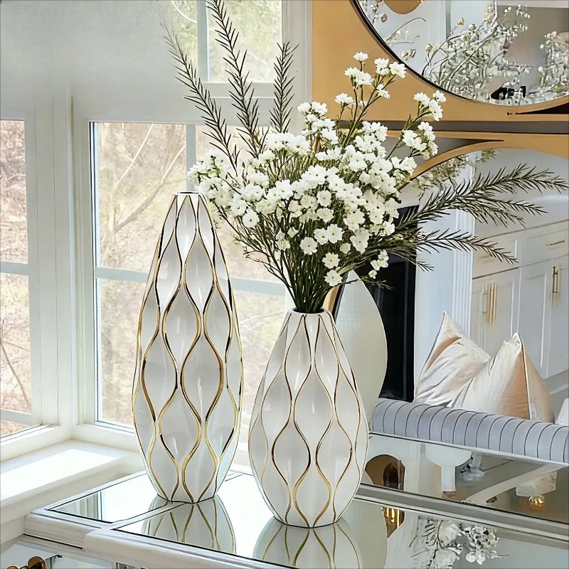 Modern ceramic decoration large vase hotel flower arrangement crafts gold dried vase tabletop porcelain decoration high flower