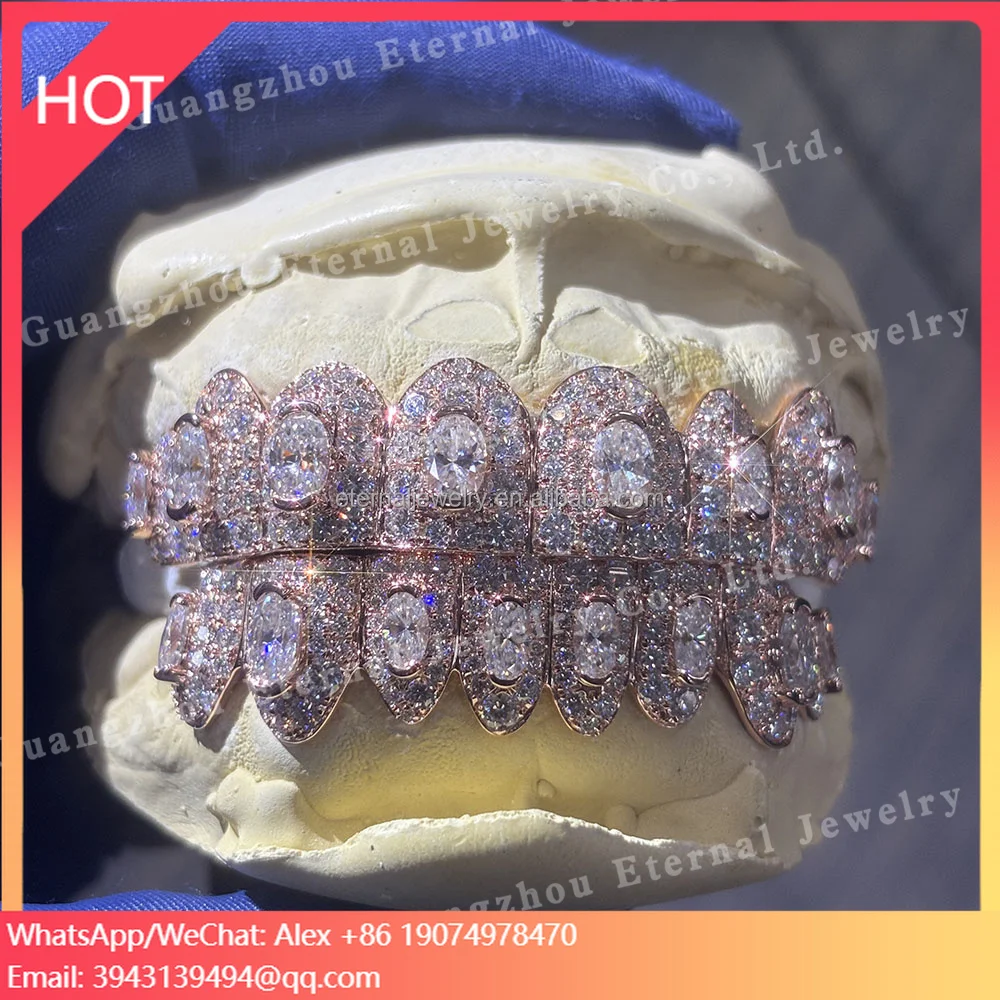 

Custom Top Bottom 8 10 S925 Silver Ice Out Flawless VVS Oval Cut Moissanite Lab Diamond 10K 14K 18K Solid Rose Gold Teeth Grillz