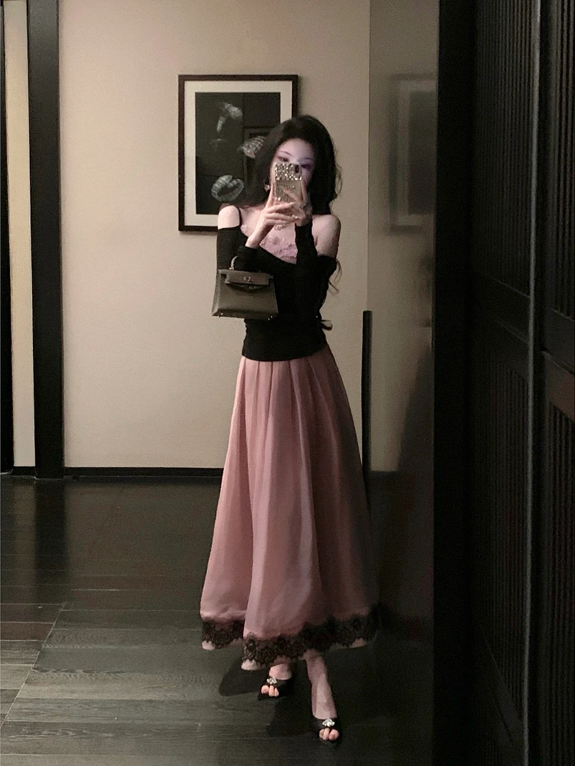 

Syqiao Madrid Old Dream Summer Slimming Flash Lace Patchwork Fake Two-Piece Top Half-Skirt Set Women's Fashion Set Casual Wear