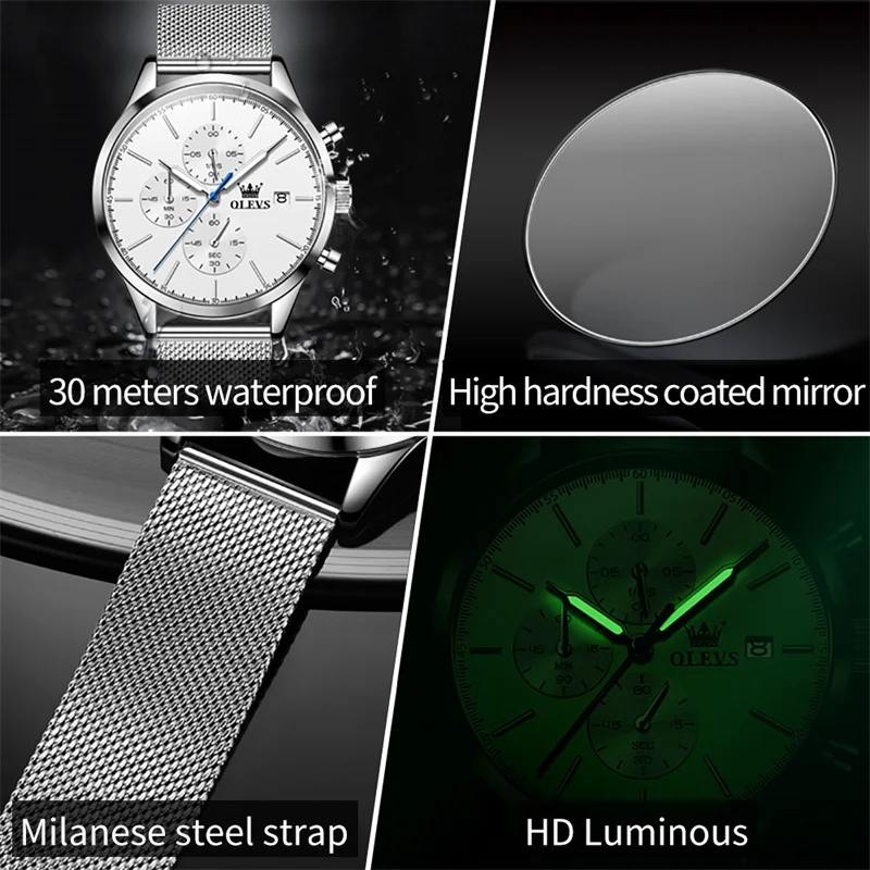 OLEVS Men Watch Chronograph Sports Quartz Mens Watches Silver Mesh Belt Date Luminous Waterproof Wristwatch Men Relogio