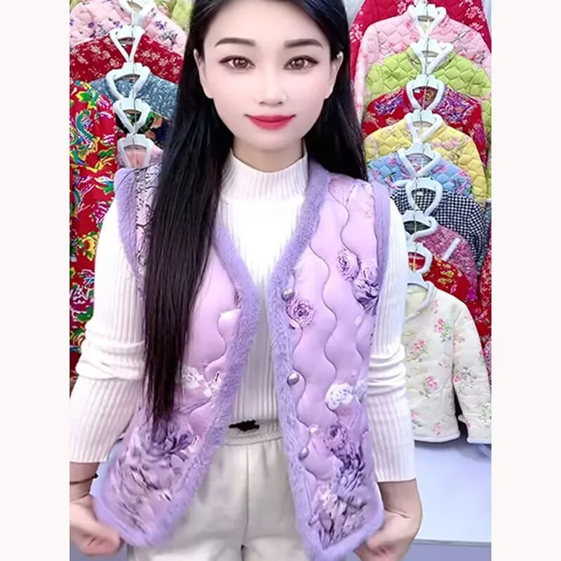 

Chinese Style Warm Fleece Vest Women Floral Fleece Waistcoat 2025 Autumn Winter Mom's Thick And Warm Cotton Vest Outwear Coat