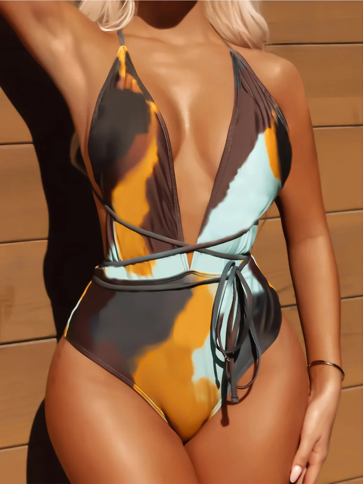

Bikini Women's One Piece Swimsuit Tie Dye Print Sexy Deep-V Neck Monokini High Waist Suspeder Lace-up Backless Swimwear 2025 New