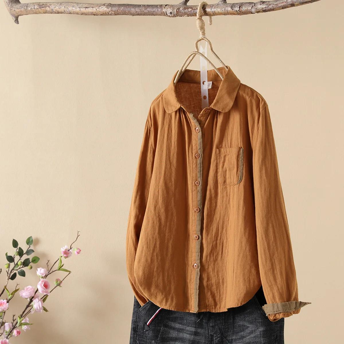 New Autumn Cotton Color Matching Shirts Women Lapel Collar Top Girl Long Sleeve Loose Basic Blouses Versatile Spring T39450QC