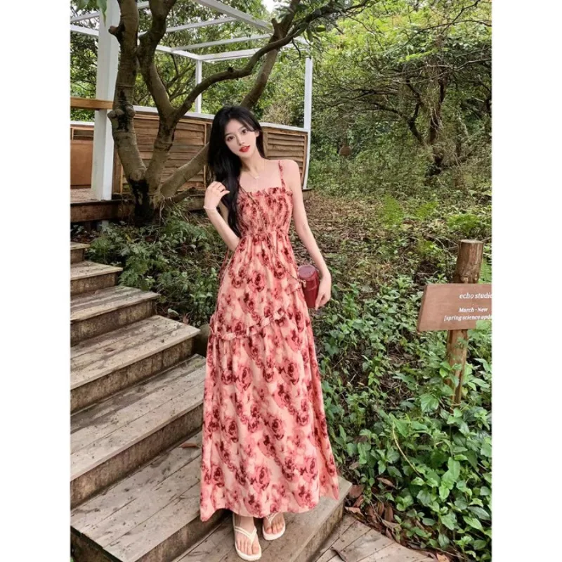 

Stunning Temperament Camisole Long Dress 2025 New Style Vacation Style Forest Style Floral High Waist Revealing Dress