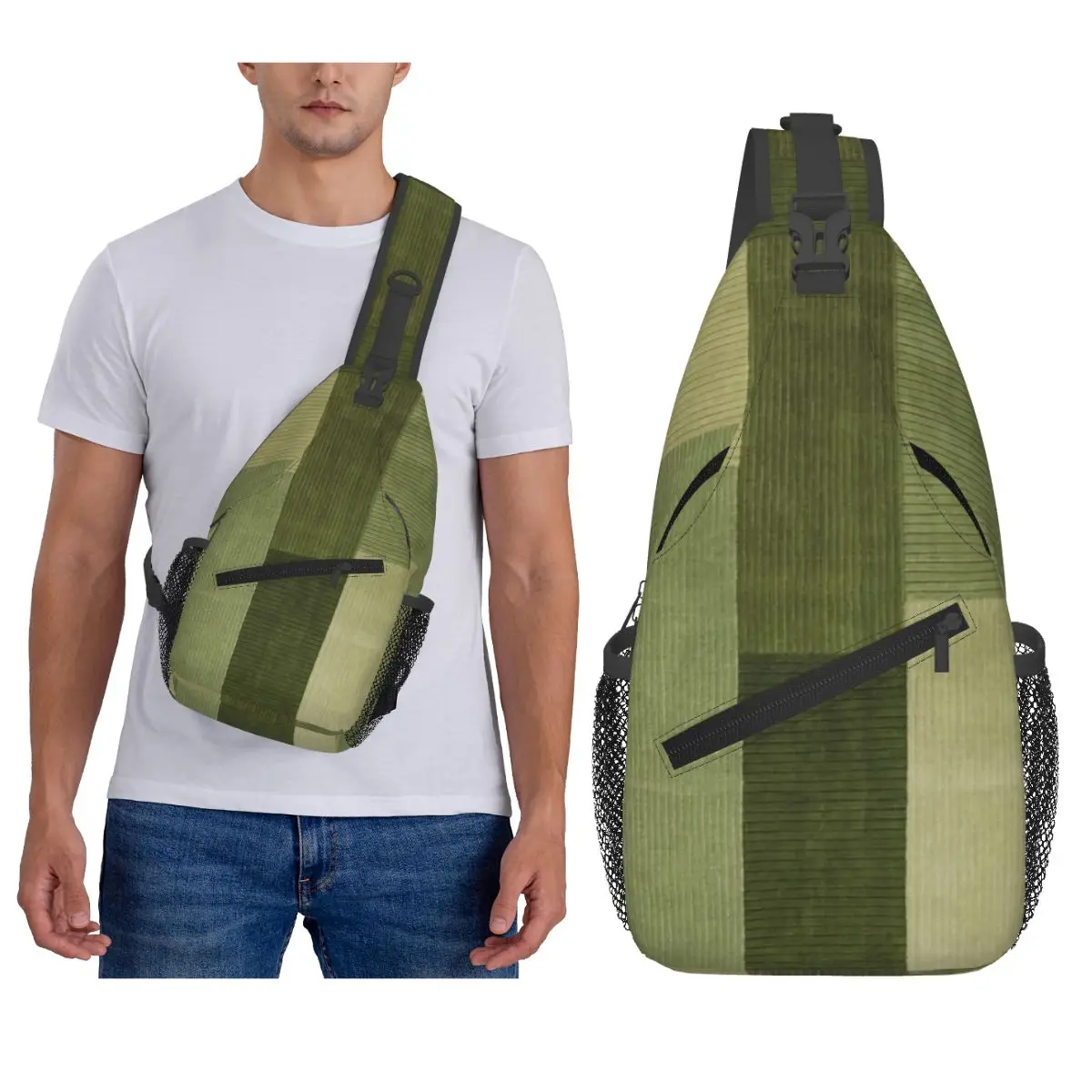 Corduroy Sage Green Pattern Chest Bag Men Sling Crossbody Backpack Chest Bag Travel Hiking Daypack Shoulder Bag