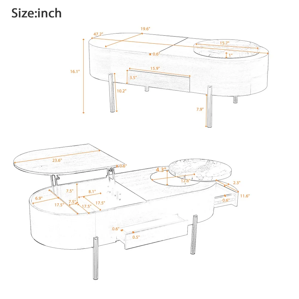 47,2''Lift-Top-Couchtisch mit um 360 Grad drehbarem Tablett mit Marmormuster