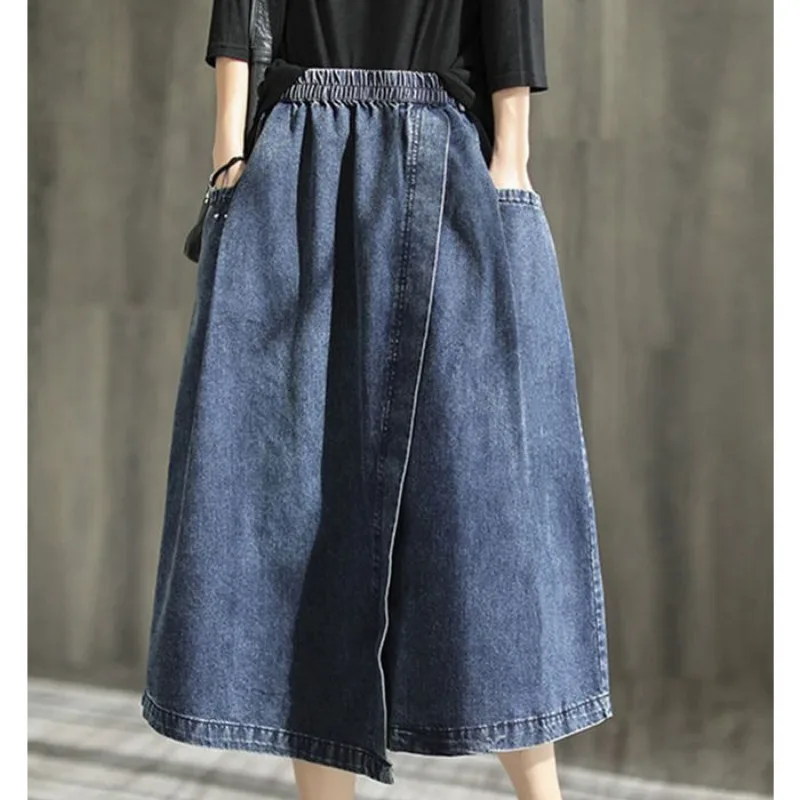 

Vintage Casual Spring Women's Solid Color Elastic Waist Pockets Irregular Split Fashion Commute Mid-length Cowboy A-line Skirts