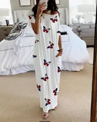 Women's Fashion  For 2024 New  Butterfly Short  Sleeves Long Casual Summer Loose Waist Elegant Ladies  Pocket Pullover Dresses