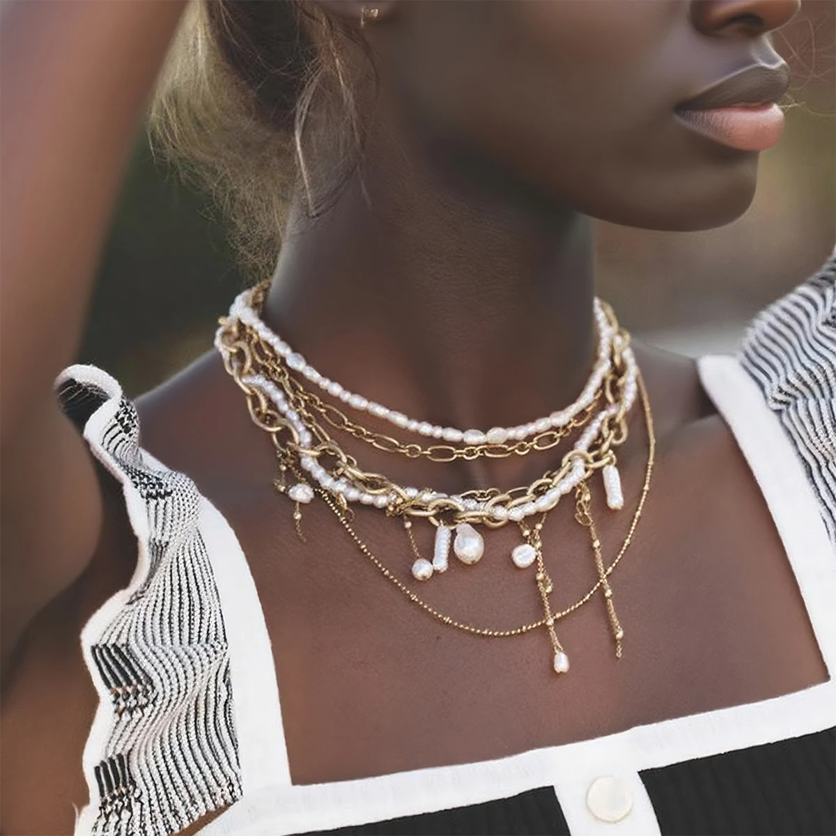 

New ZAA Vintage Double-layer Imitation Pearls Metal Chain Choker Necklaces for Women Baroque Jewelry Neck Accessories