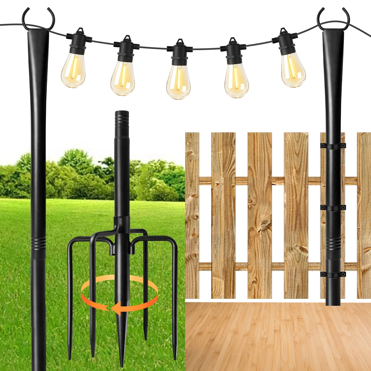 6/4/2 Piezas de Postes Metálicos para Guirnaldas de Luces de 3 Metros con Horquilla, Soporte de Iluminación Resistente y Ajustable a Prueba de Agua para Decoración de Patio y Jardín