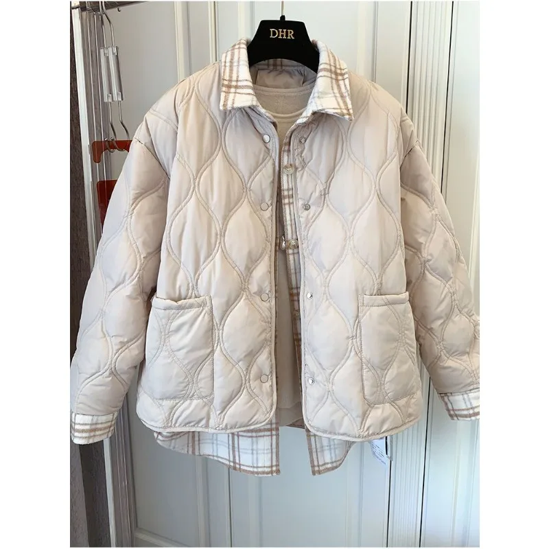 

Women's Autumn and Winter Thickened Loose Spliced retro Plaid Shirt Fake Two-piece Cotton Jacket Top