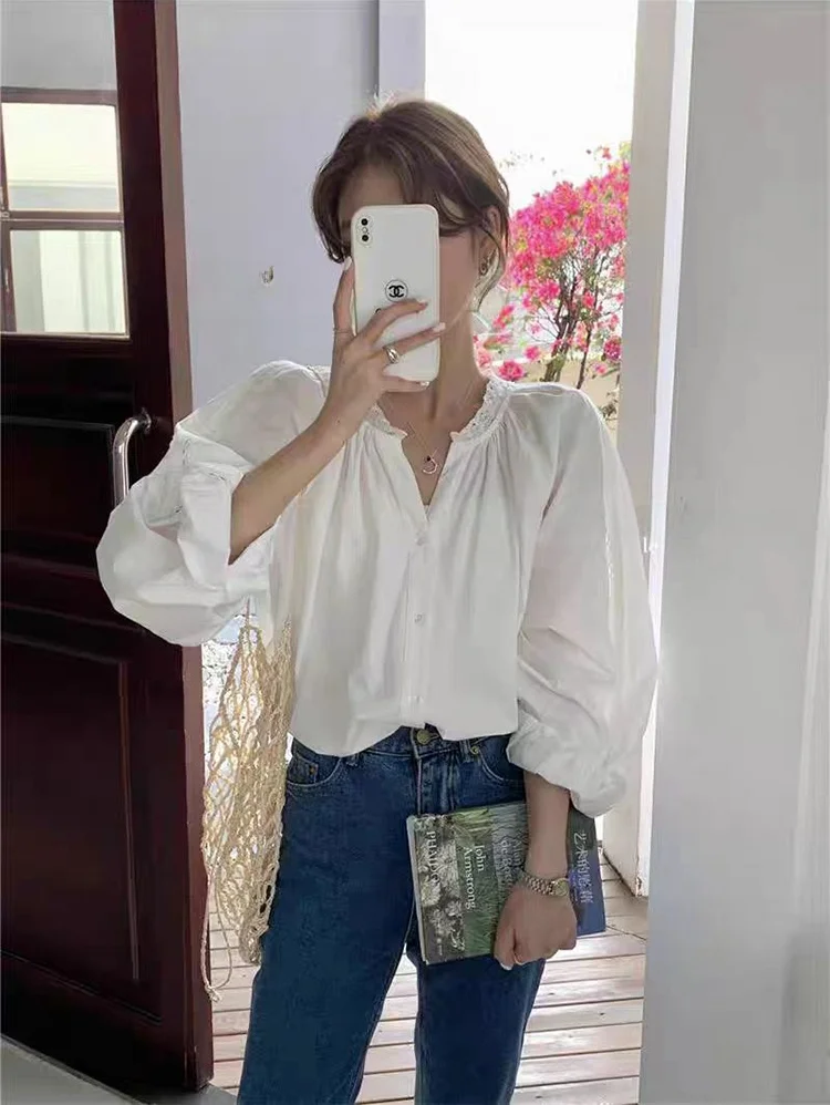 

Korean Sle Loose Women's irt Spring 2024 New Bubble Sve Embroidered Top Casual Lazy Sle Long Sve round Ne