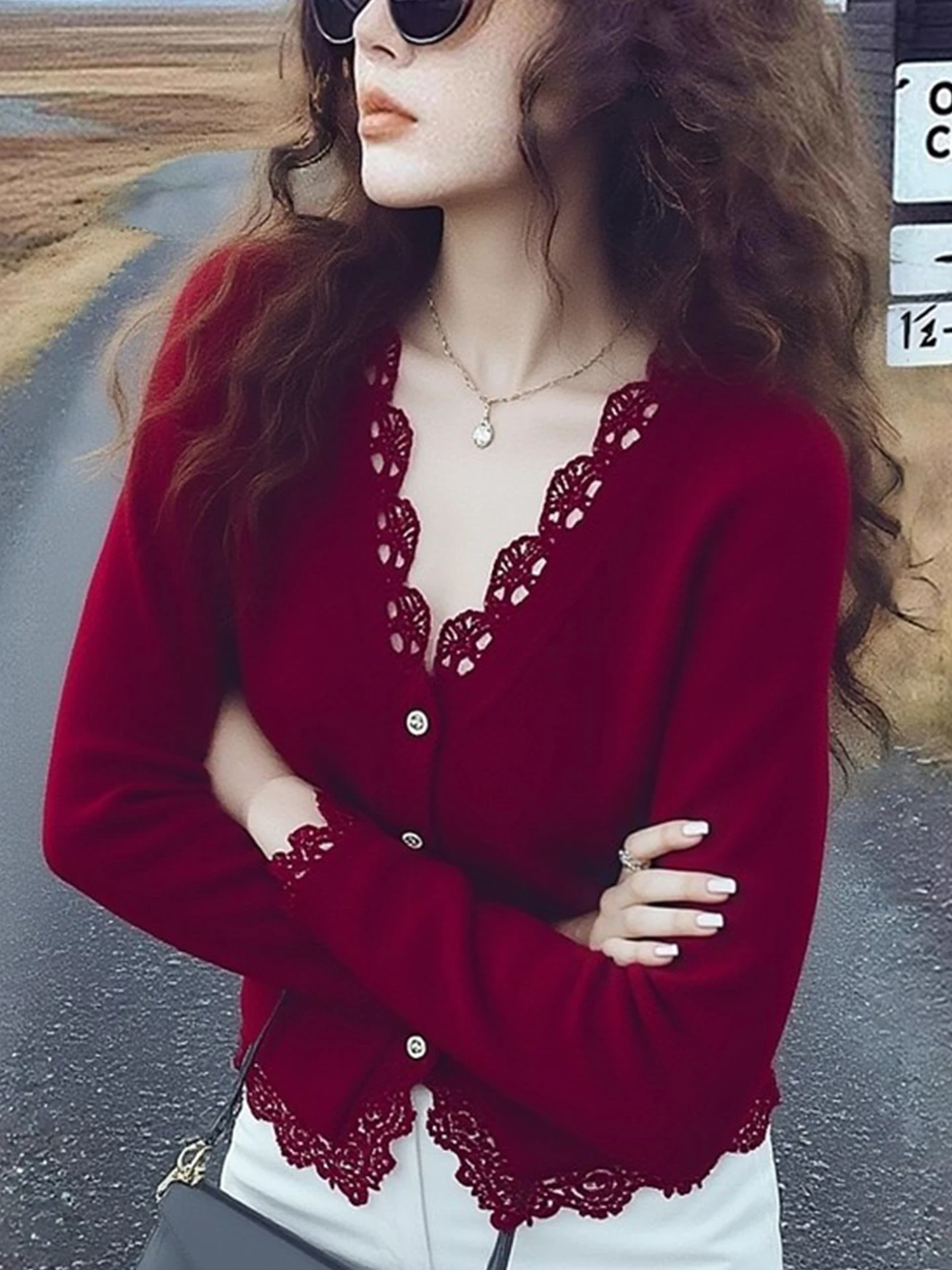 Cherry Red Long Sleeve Knitted V Neck Lace Trim Light Maturity Style Women's Fashionable Winter Top Soft Loose Fit Knitwear