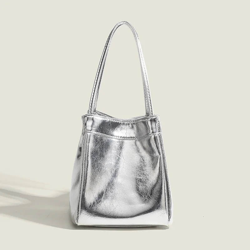 Silver Bucket Bag for Women 2025New Fashionable and Simple Lunch Box Bag Niche Western-style Texture Hand-held Small Bag view 4