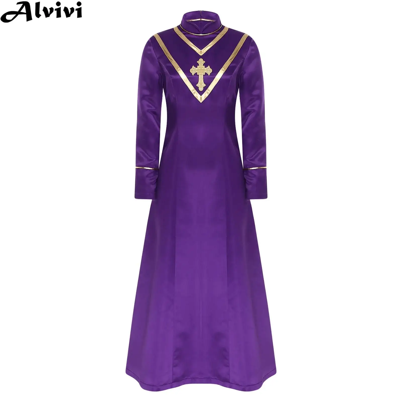 Women Pastor Robe Cassocks Long Sleeve Cross Print Priest Vestment Church Choir Gown Halloween Catholic Clergy Cosplay Costume