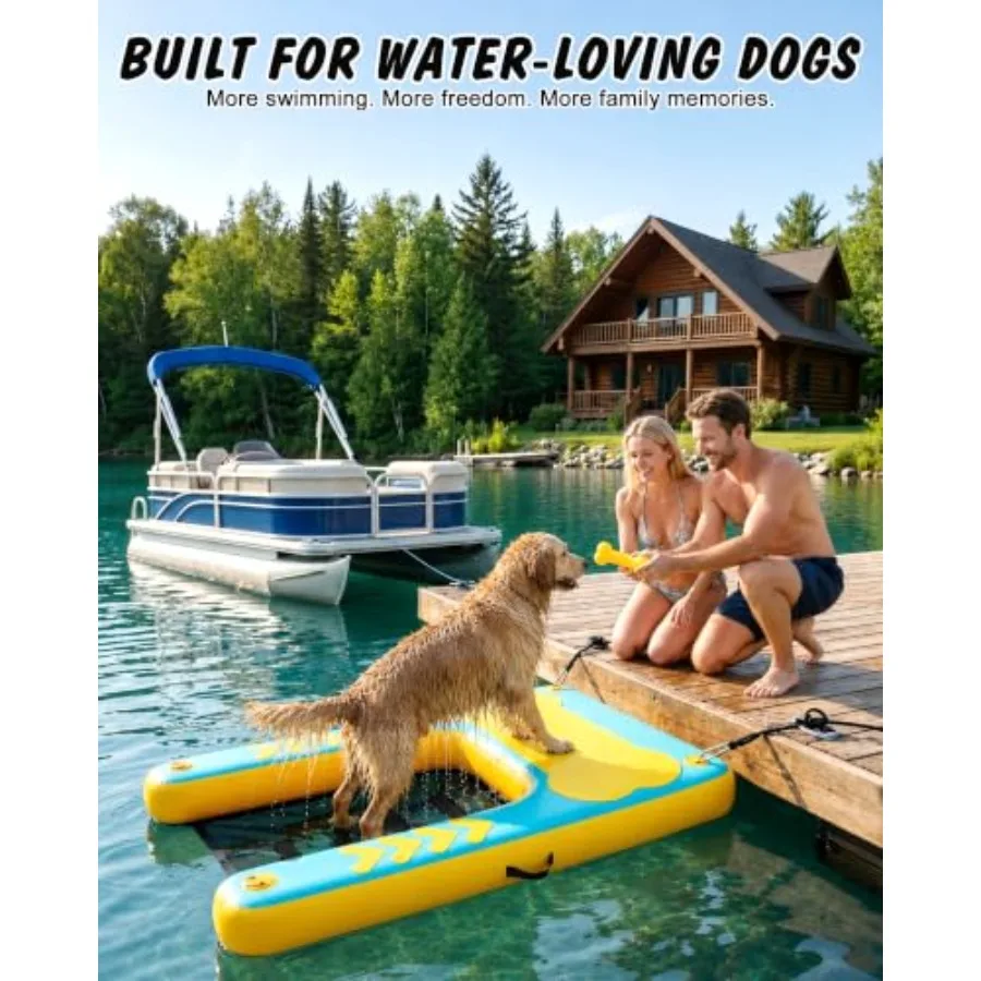 Inflatable Dog Water Ramp for lakes docks pools - 60'' x 40'' extra large EVA non-slip surface blue ramp supports up to 240lbs
