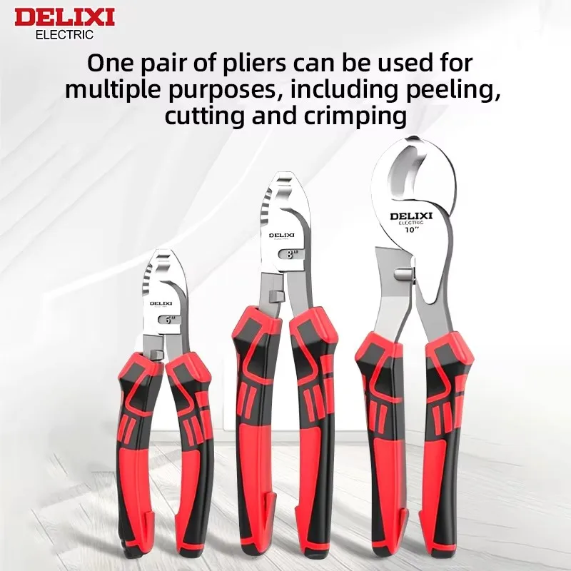 DELIXI ELECTRIC 6/8/10-Inch Cable Cutter:Chromium-Vanadium Steel,2-in-1 Wire Stripping&Cutting,Anti-Slip Handlefor Daily Repairs