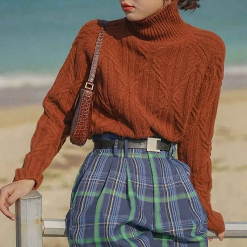 

High Collar Sweater Women Autumn and Winter Korean Vintage Twists Thread Loose Long Sleeved Knit Sweater Pullover Female