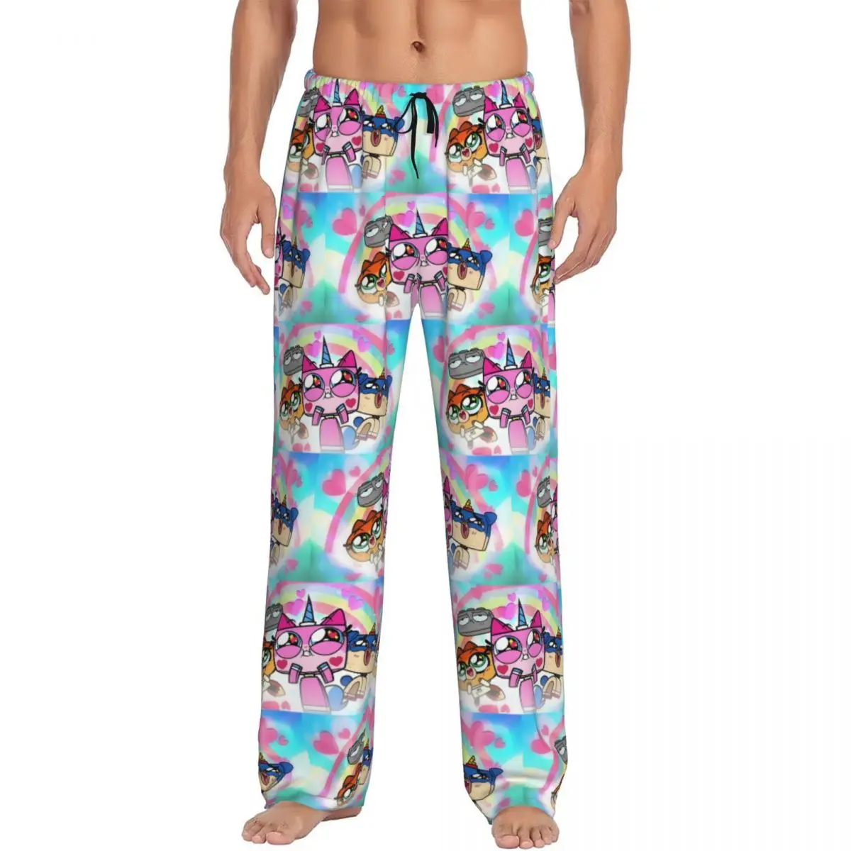 

Custom Unikitty Pajama Pants for Men Cat Anime Lounge Sleep Stretch Sleepwear Bottoms with Pockets