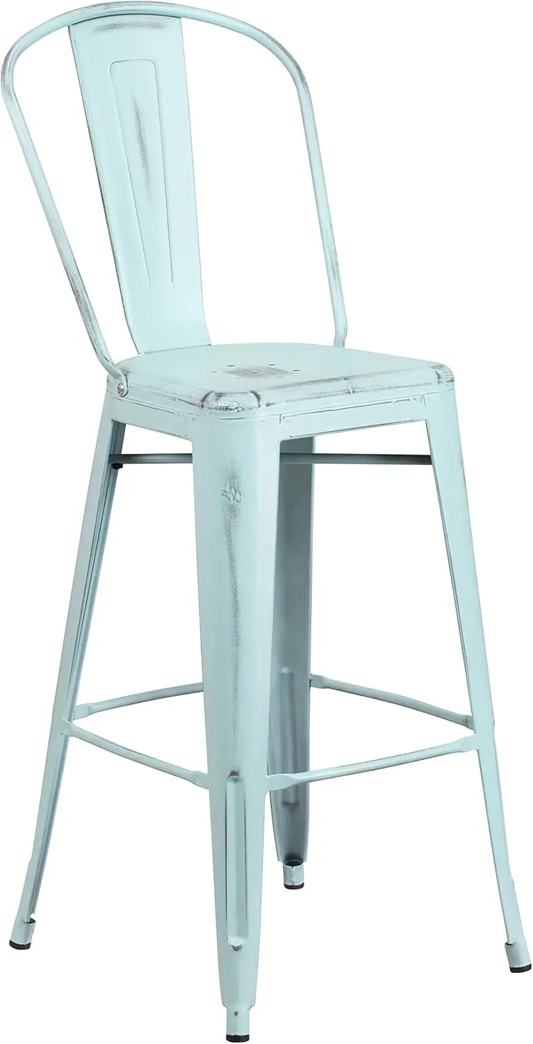 Handels üblicher 30 "" High Distressed Green-Blue Metall Indoor-Outdoor Barhocker mit Rückenlehne
