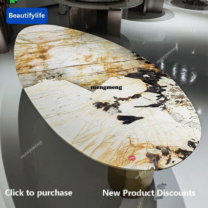 F85 Trending Villa Home Design Corrosion/Heat/Easy-Clean Italian Luxury Stainless Steel Dining Table, Oval Imported Stone Tablet