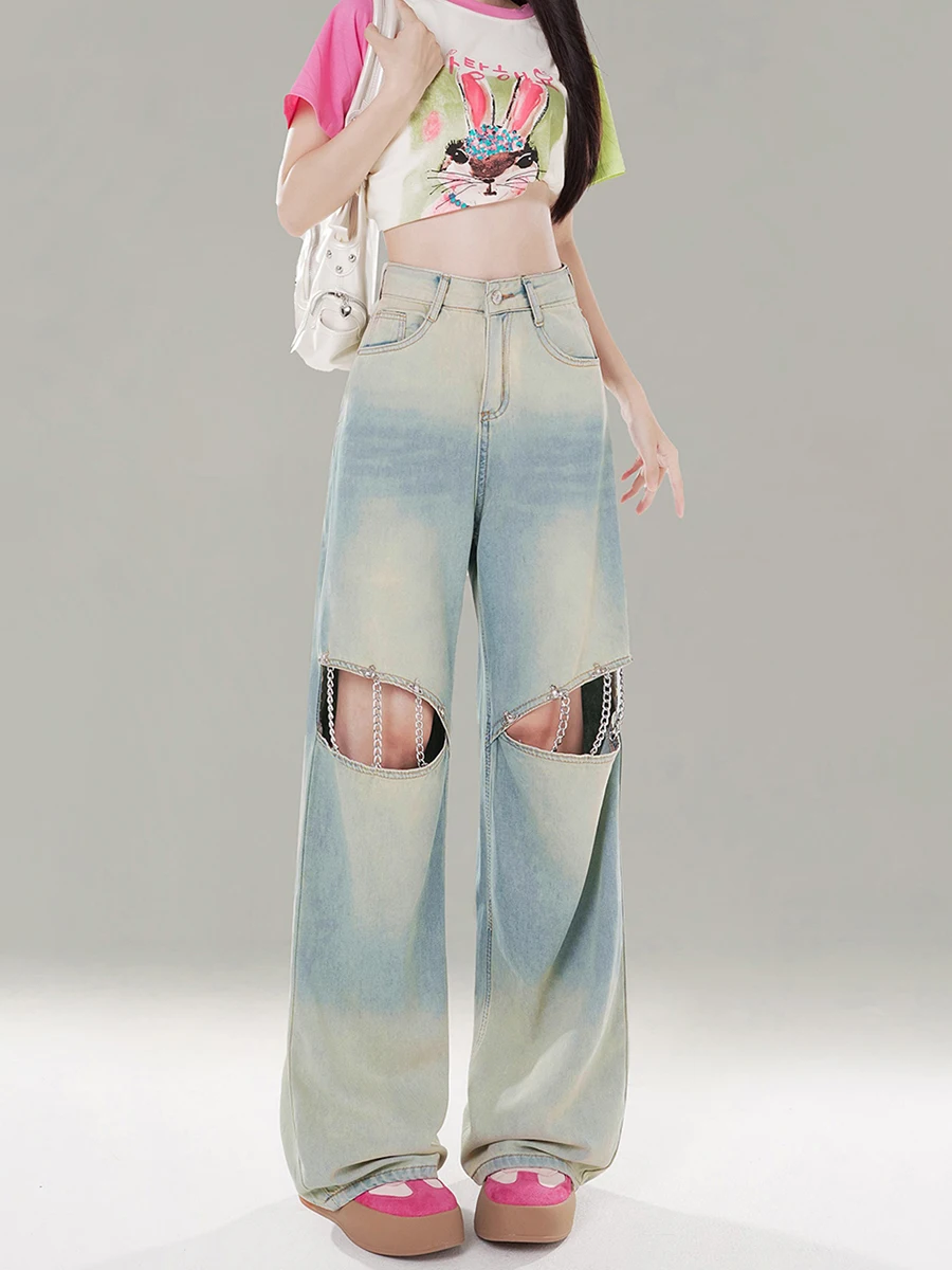 ReddaChic Ripped Holes Gradient Baggy Jeans Women Retro Wash High Rise Chain Decor Straight Wide Leg Pants Casual Hiphop Clothes