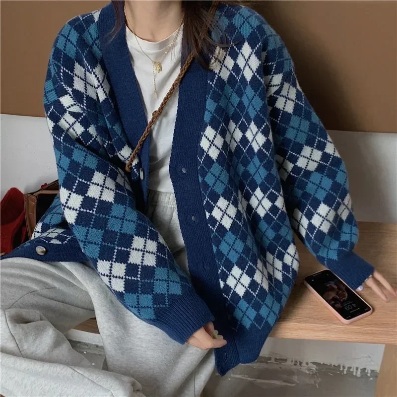 Ladies Cardigans Long Sleeve Knitted Argyle Sweater Women Korean Pink Vest Sweaters Female Jumpers Cardigan Jacket with Buttons