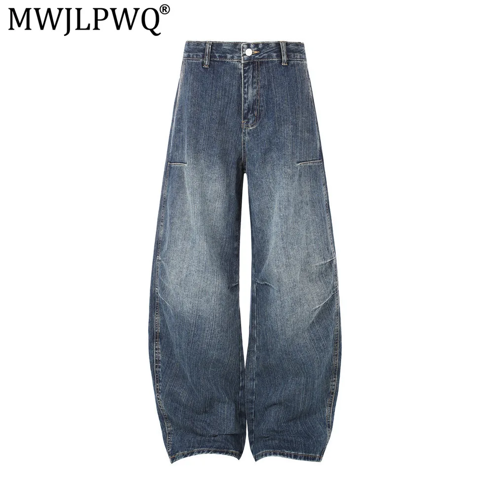MWJLPWQ Washed Distressed Curved Hem Jeans For Men American Trendy Loose Wide-Leg Pants Vibe Silhouette Casual Trousers 20990
