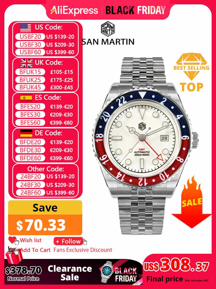 San Martin New 40mm Luxury GMT Sports Style Full Luminous Bidirectional Bezel Men Automatic Mechanical Watch Sapphire 20Bar BGW9