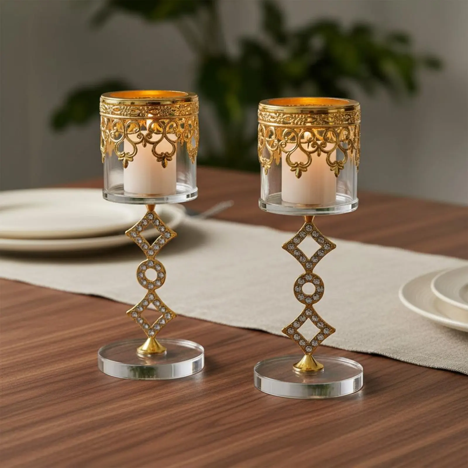 2 Pieces Crystal Metal Candle Holder Set Hollow-Carved Design Decorative Table Centerpiece for Wedding, Party view 3