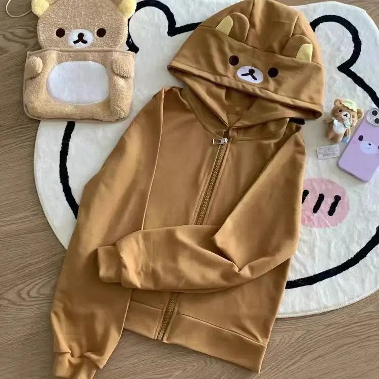 Spring and Autumn Japanese Sweet and Cute Bear Ears Long Sleeve Zipper Jacket Female Student Casual Top Cardigan Sweater Female