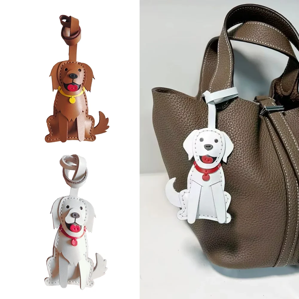 

Брелок-подвеска из натуральной кожи ручной работы в виде золотистого ретривера, изысканный декор, аксессуар для сумок