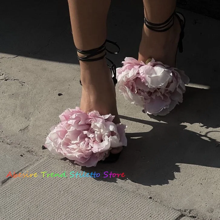 

Pink Flower Embellish High Heel Sandals Women Peep Toe Stiletto Heel Lace Up Ankle Strap Casual Beach Party Dress Shoes