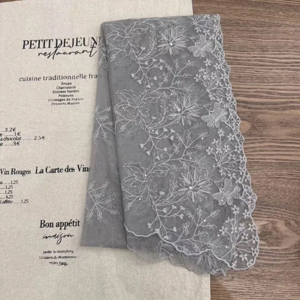 

Spring&Summer Lace Embroidered Knitted Scarf For Women Thin And Breathable Pearl French Lace Scarf Solid Color Long Scarf