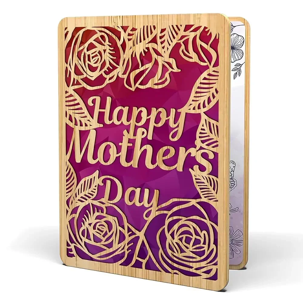 

Деревянная открытка ко Дню матери - "Счастливого Дня матери" | Изготовлено из настоящего бамбука | 6 x 4.5 дюймов - 1 упаковка (конверт в комплекте) | Лазерная резка с цветочным узором Mo