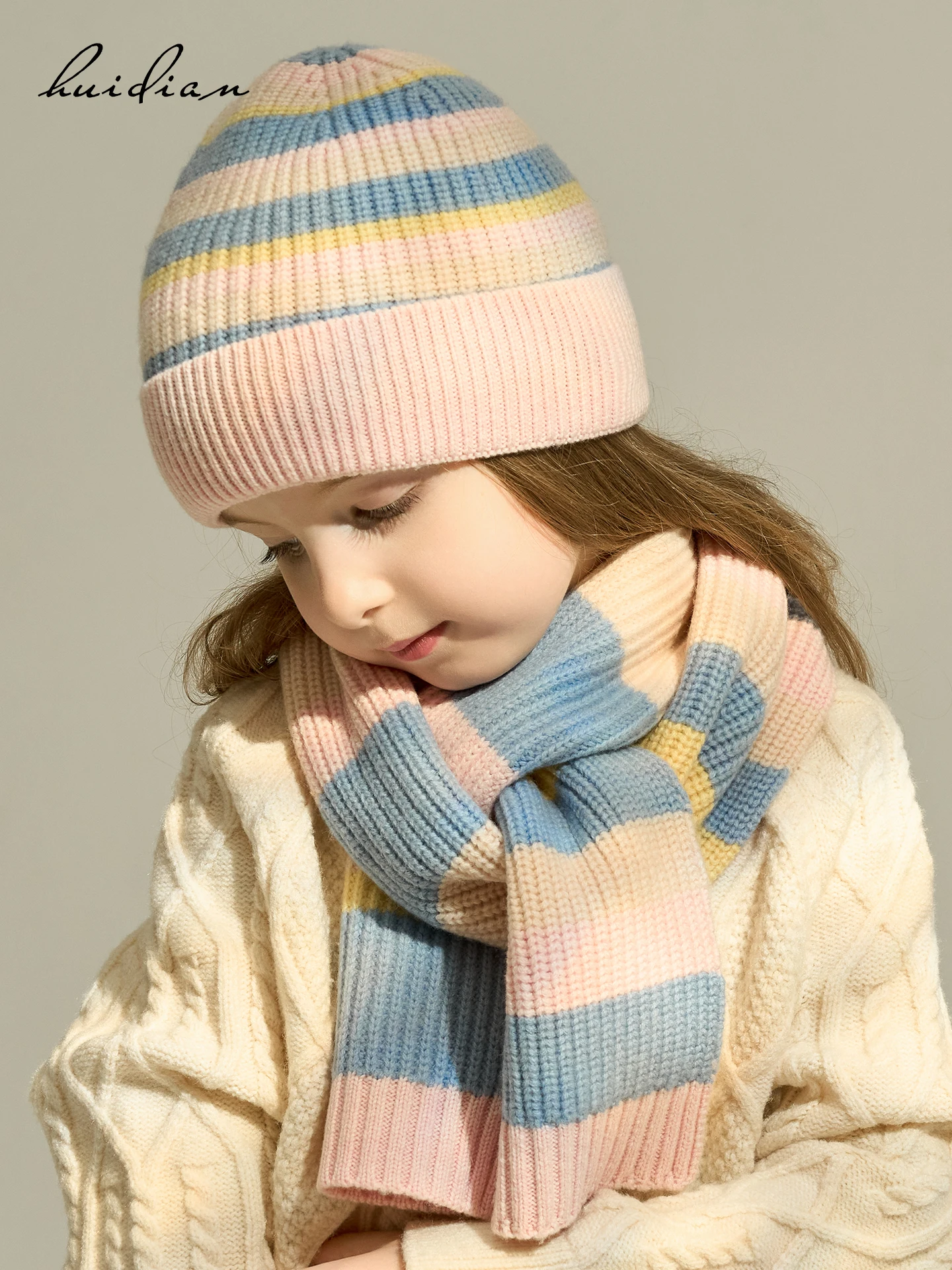 00％純毛スカーフとニット帽セット-子供用-女の子と男の子-冬用-暖かい首保護-おしゃれな韓国風ストライプ柄