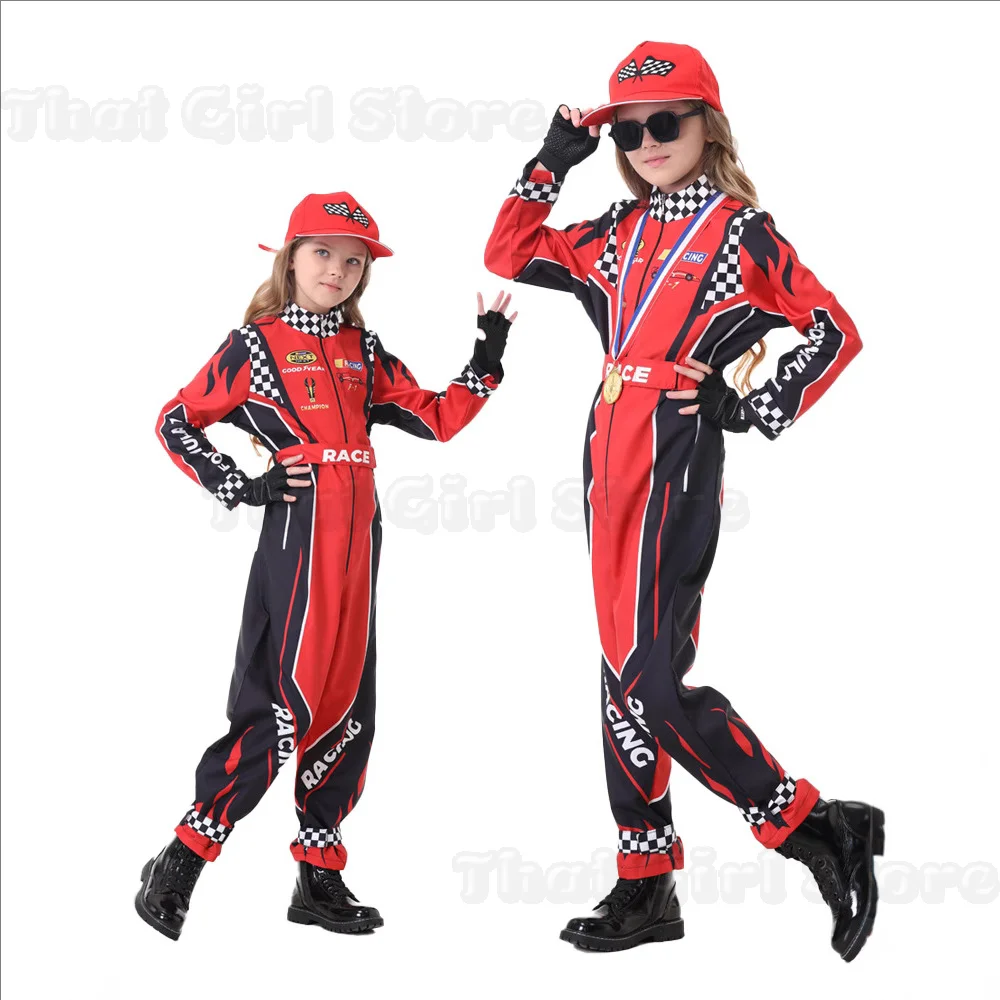 Kinder- und Erwachsenen-Rennfahrer-Cosplay-Kostüm Roter Klassischer Einteiliger Trainings-Rennanzug für Jungen und Mädchen Halloween Karting Trikot Kleidung