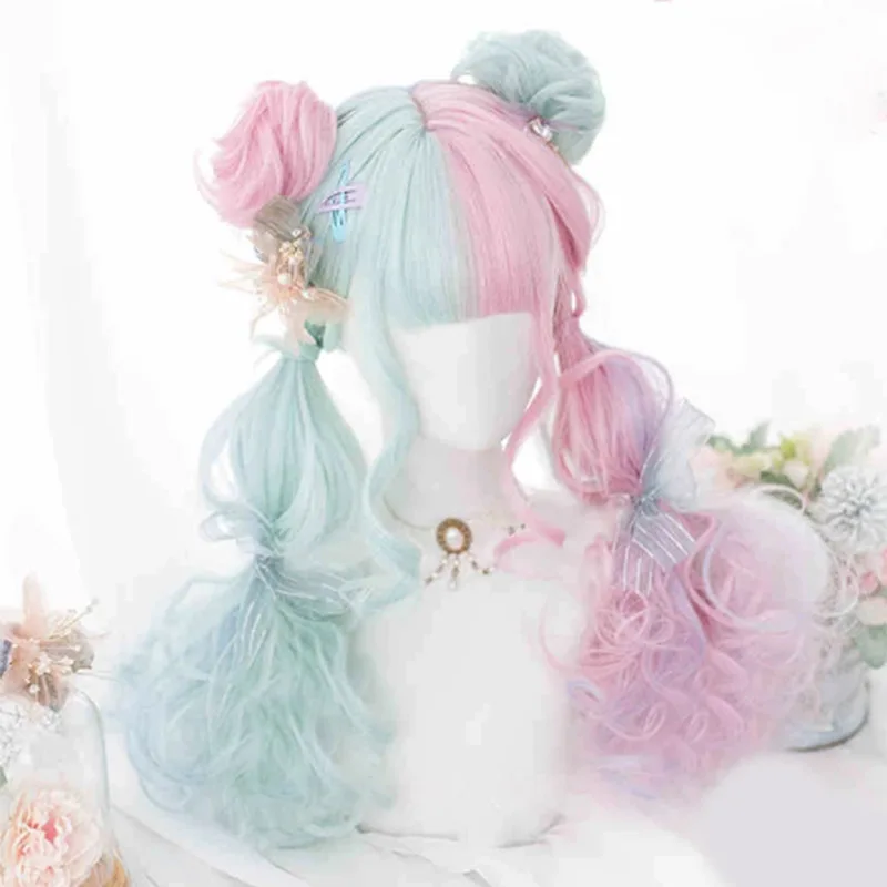 GAKA Lolita Long Curly Synthetic Double Color Bun Wig Long Wig Slightly Curly Head Cover Bangs Fashion Beauty Gradient Hood