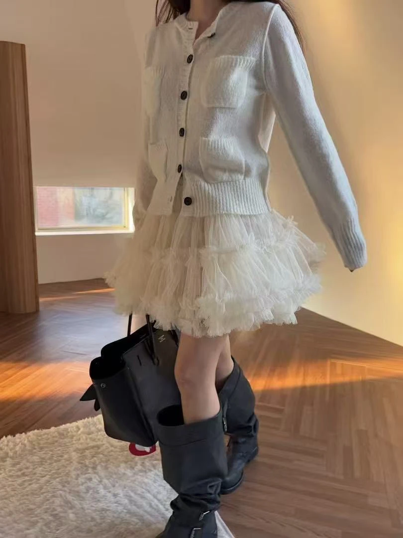 High Waist Lace Egg ape Layered Hem Semi Skirt PREON Work Early Spring Weekly Commute Pure Color Knitted Cake Skirt