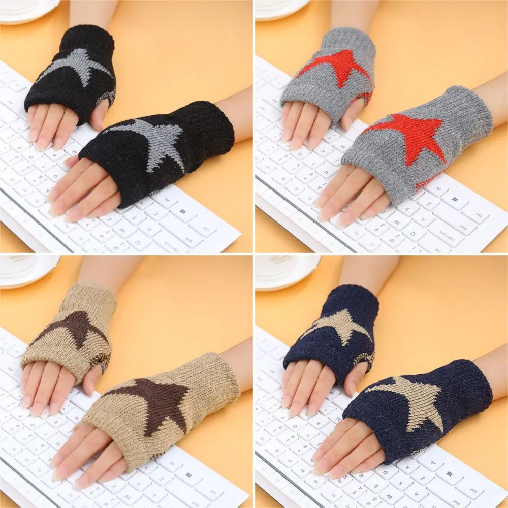 

A Pair Wrist Length Y2K Star Gloves Knitted Material Thermal Warmers Fingerless Star Knitted Gloves Fingerless Gloves