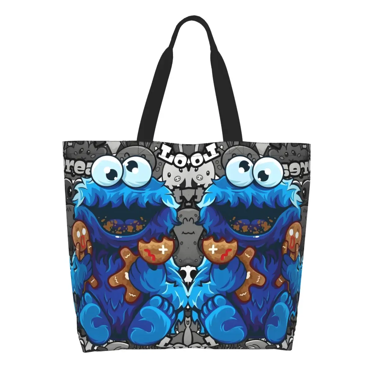 

Custom Cookie Monster Groceries Bag Canvas Shopper Tote Shoulder Bags Large Capacity Washable Children's Television Handbag