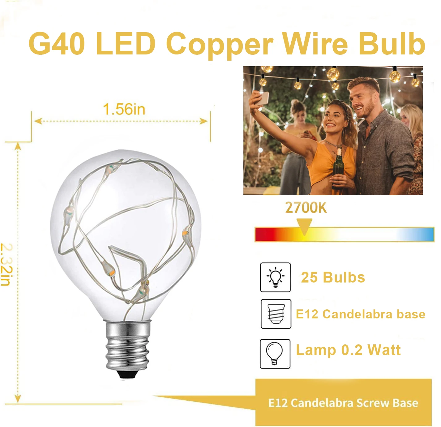 LED G40 Bulb Copper Wire Bulb Waterproof E12 DC3V Warm White 2700K Shatterproof LED Bulb for String Light Home Party Decor