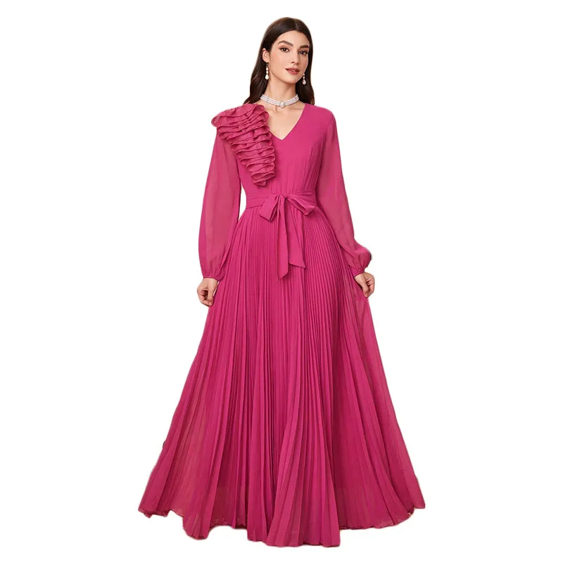 Spring and summer elegant V-neck long-sleeved waist pleated dress, Amazon cross-border fashion dress, new high-end classic luxur