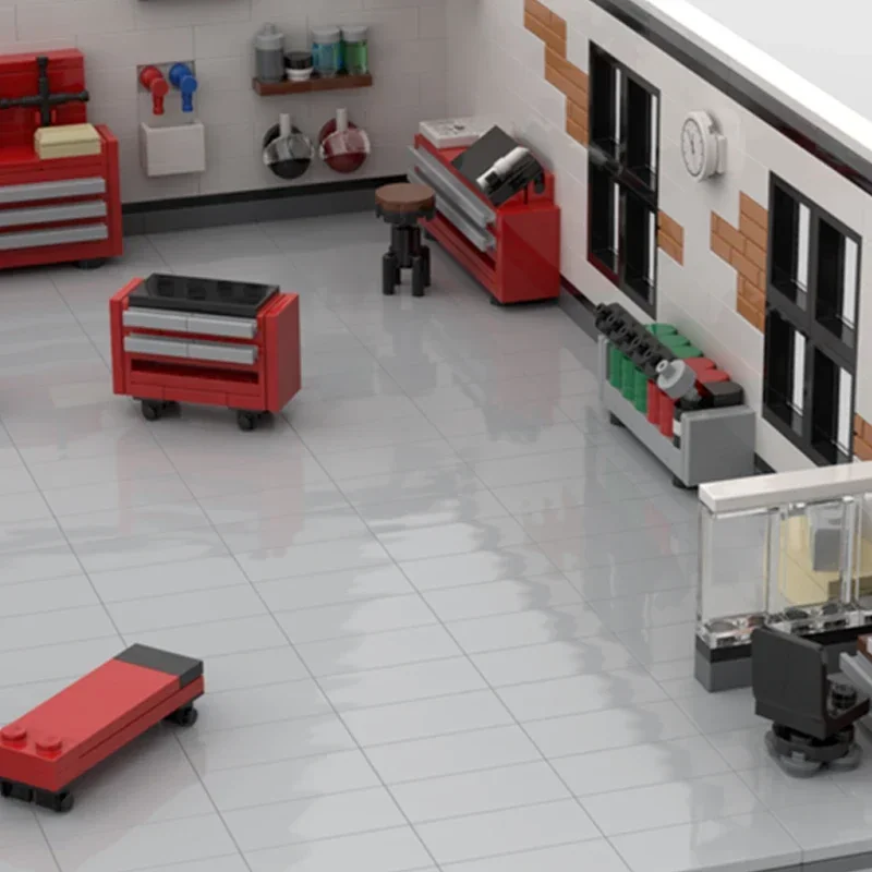 Tuning Garage Mit Zubehör Technologie Blöcke Street View Modell Moc Gebäude Ziegel Geschenke Weihnachten Spielzeug DIY Sets Montage