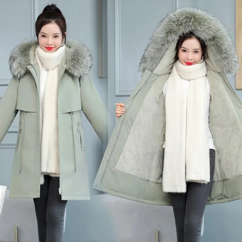 2025 nueva chaqueta de invierno para mujer, abrigo largo ajustado 8XL, Parkas informales con cuello de piel grande, forro de lana, prendas de vestir con capucha, abrigos cálidos de algodón para mujer